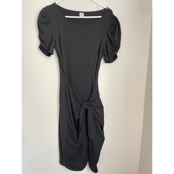 Peruvian Connection Black Pima Cotton Tie Front Drape Midi Dress (M) - Picture 1 of 8